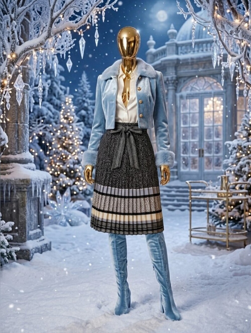 Women’s Black Patterned A-Line Skirt with Waist Tie